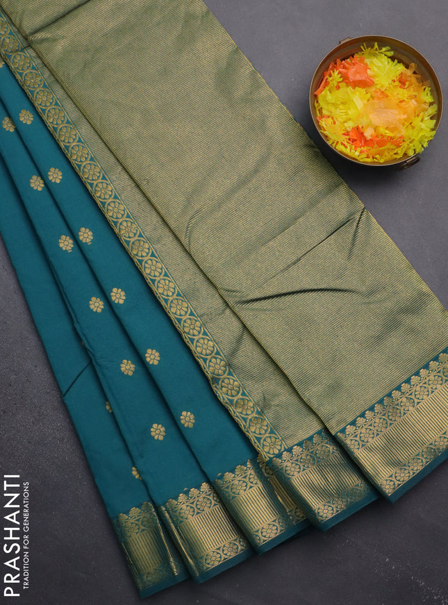 Arani semi silk saree peacock green with zari woven floral buttas and zari woven border