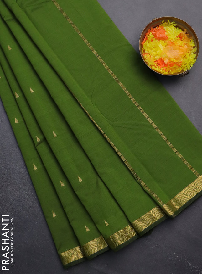 Arani semi silk saree sap green with zari woven temple buttas and zari woven border