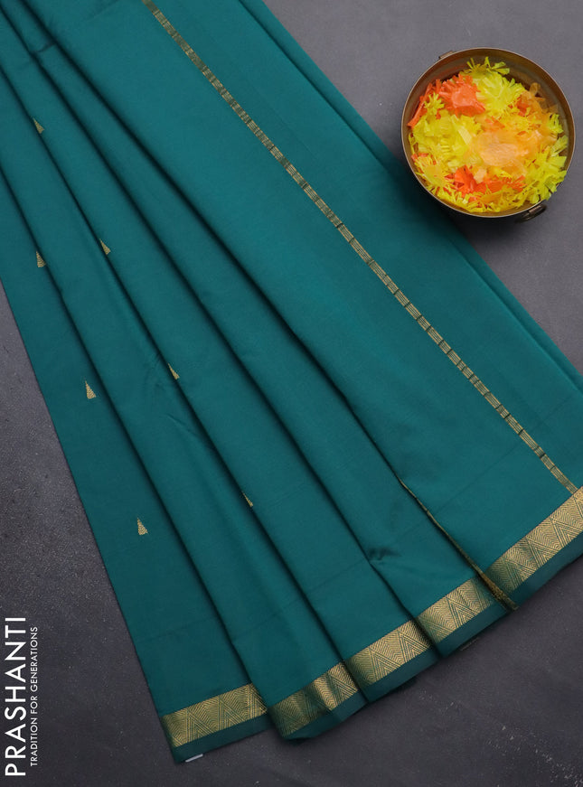Arani semi silk saree peacock green with zari woven temple buttas and zari woven border