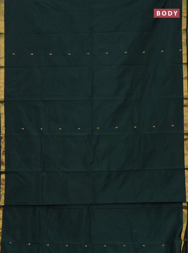 Arani semi silk saree bottle green with zari woven temple buttas and zari woven border