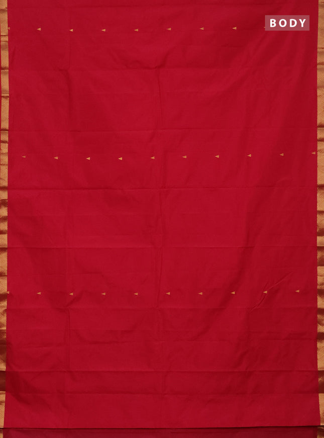 Arani semi silk saree tomato pink with zari woven temple buttas and zari woven border