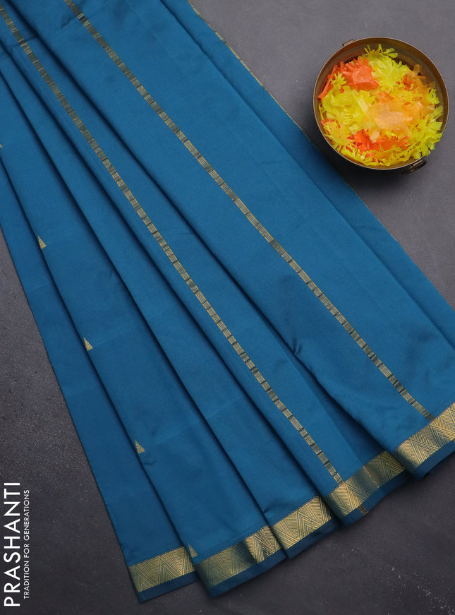 Arani semi silk saree peacock blue with zari woven temple buttas and zari woven border