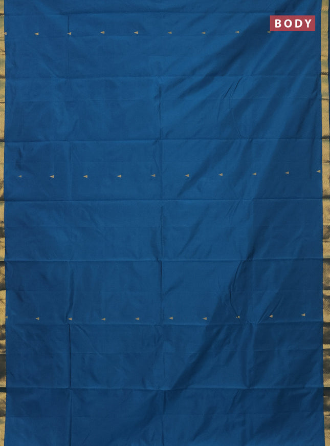 Arani semi silk saree peacock blue with zari woven temple buttas and zari woven border