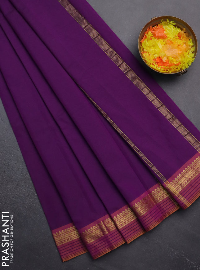 Arani semi silk saree purple and dark mustard with plain body and zari woven simple border