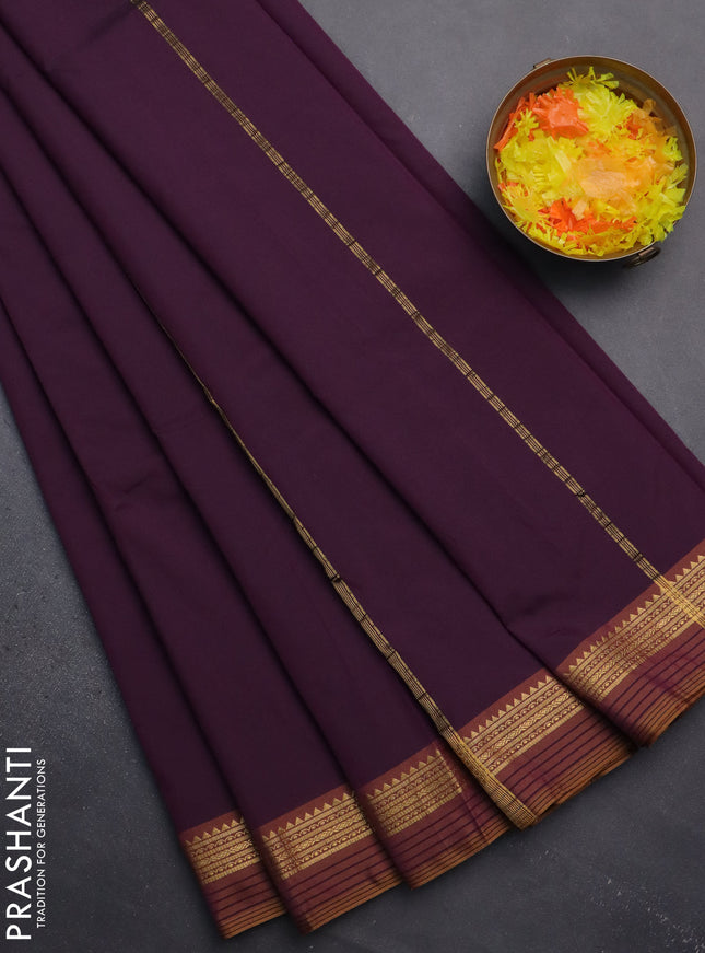 Arani semi silk saree deep purple and dark mustard with plain body and zari woven simple border