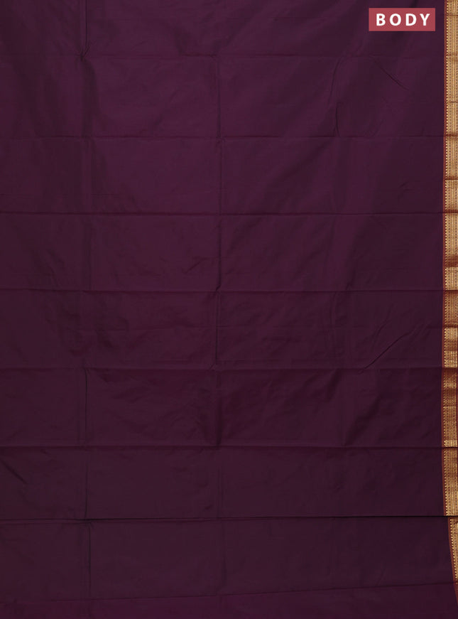 Arani semi silk saree deep purple and dark mustard with plain body and zari woven simple border