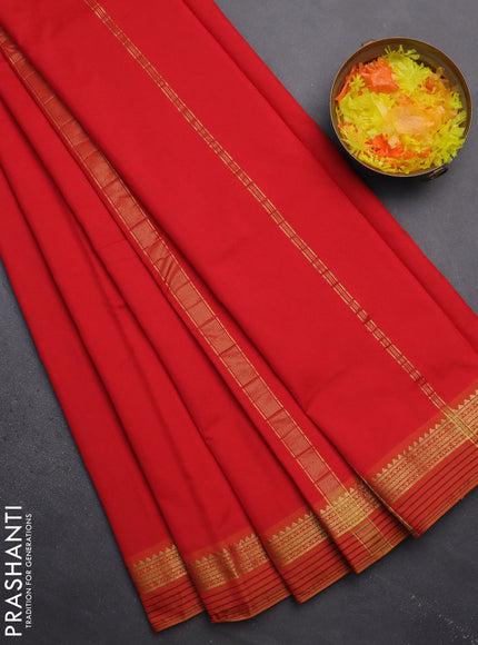 Arani semi silk saree red and dual shade of yellow with plain body and zari woven simple border