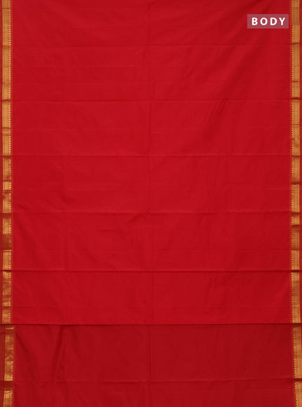 Arani semi silk saree red and dual shade of yellow with plain body and zari woven simple border