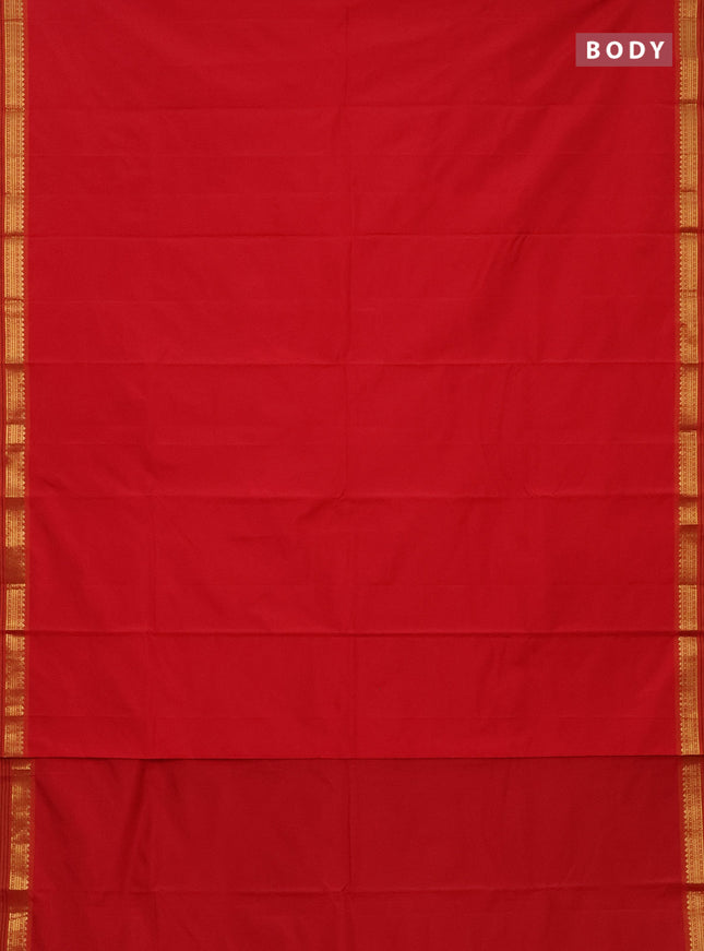 Arani semi silk saree red and dual shade of yellow with plain body and zari woven simple border