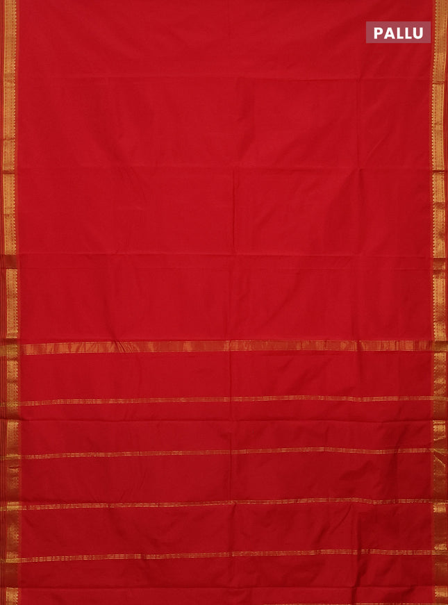 Arani semi silk saree red and dual shade of yellow with plain body and zari woven simple border