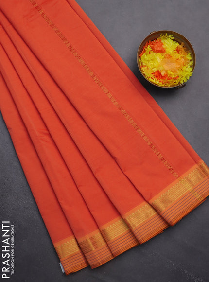 Arani semi silk saree orange and dual shade of yellow with plain body and zari woven simple border