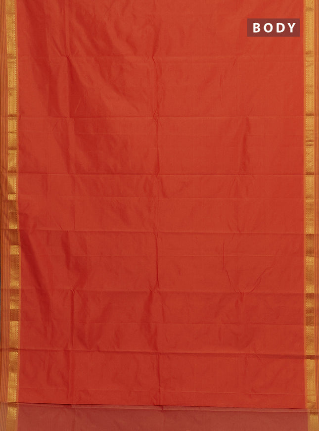 Arani semi silk saree orange and dual shade of yellow with plain body and zari woven simple border