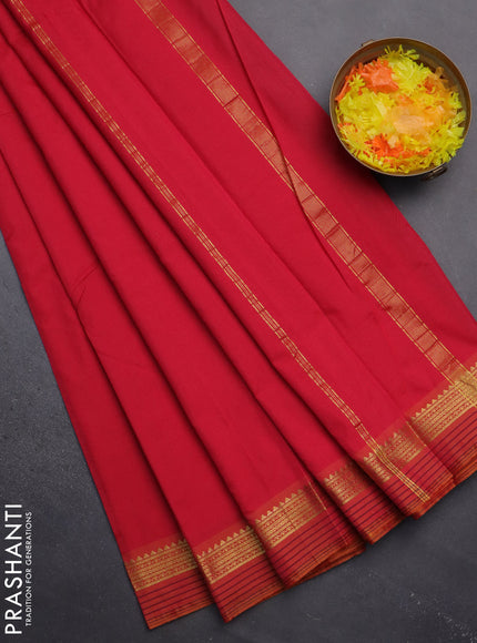 Arani semi silk saree red and dual shade of yellow with plain body and zari woven simple border