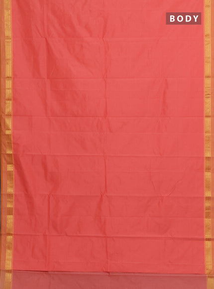Arani semi silk saree peach shade and mustard yellow with plain body and zari woven simple border