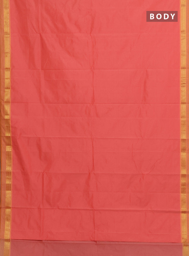 Arani semi silk saree peach shade and mustard yellow with plain body and zari woven simple border