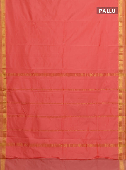 Arani semi silk saree peach shade and mustard yellow with plain body and zari woven simple border