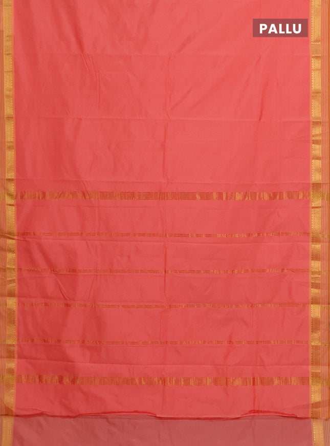 Arani semi silk saree peach shade and mustard yellow with plain body and zari woven simple border