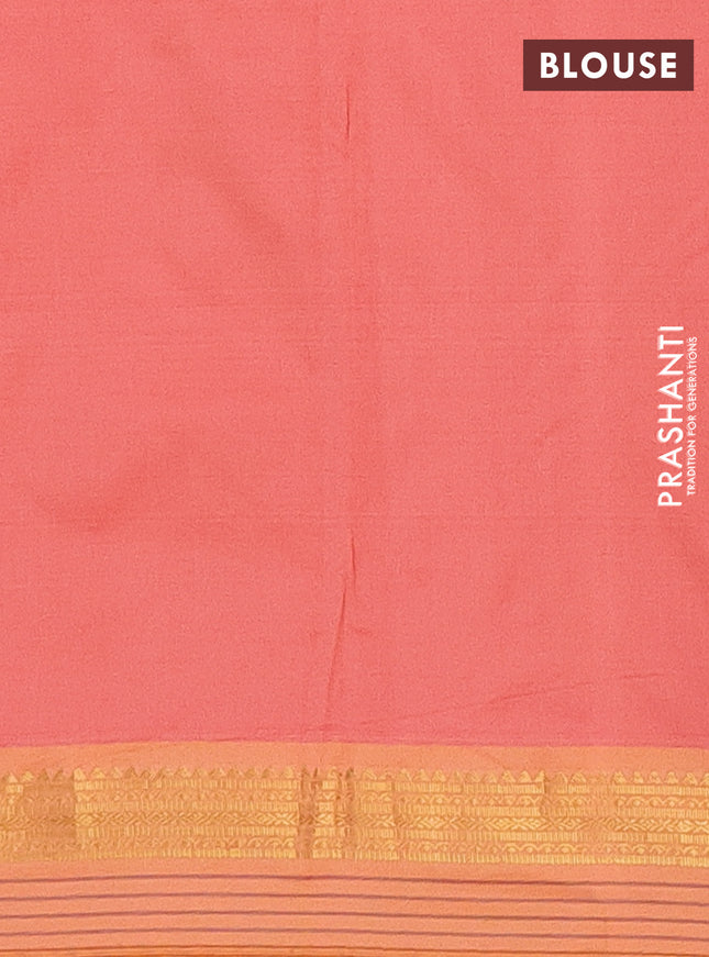 Arani semi silk saree peach shade and mustard yellow with plain body and zari woven simple border
