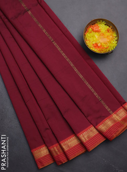 Arani semi silk saree wine shade and dark mustard with plain body and zari woven simple border