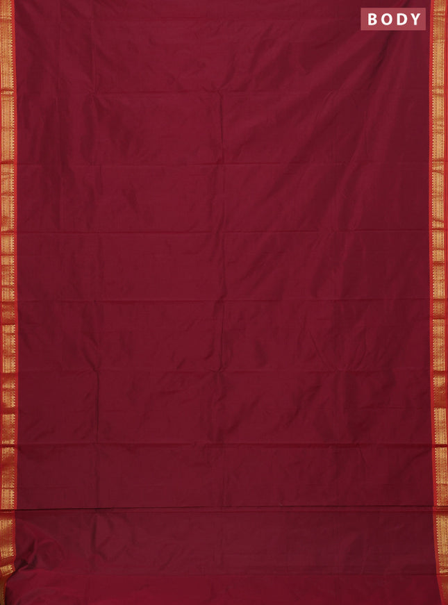 Arani semi silk saree wine shade and dark mustard with plain body and zari woven simple border
