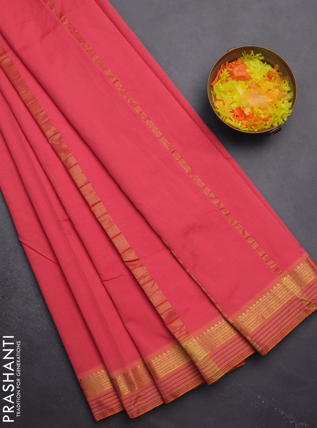 Arani semi silk saree peach pink and dual shade of yellow with plain body and zari woven simple border