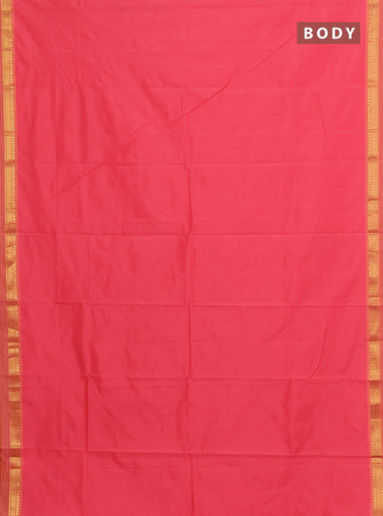 Arani semi silk saree peach pink and dual shade of yellow with plain body and zari woven simple border