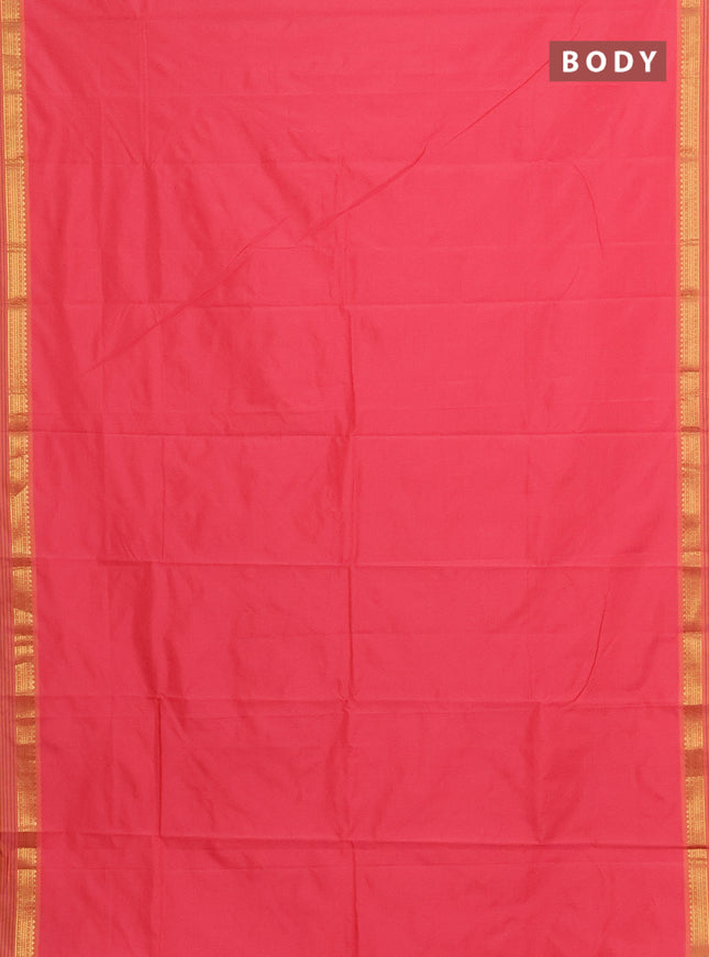 Arani semi silk saree peach pink and dual shade of yellow with plain body and zari woven simple border