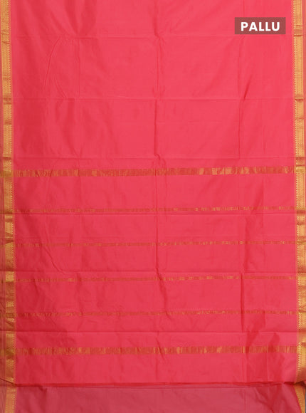 Arani semi silk saree peach pink and dual shade of yellow with plain body and zari woven simple border