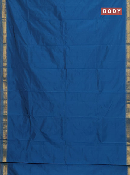 Arani semi silk saree peacock blue and dark mustard with plain body and zari woven simple border