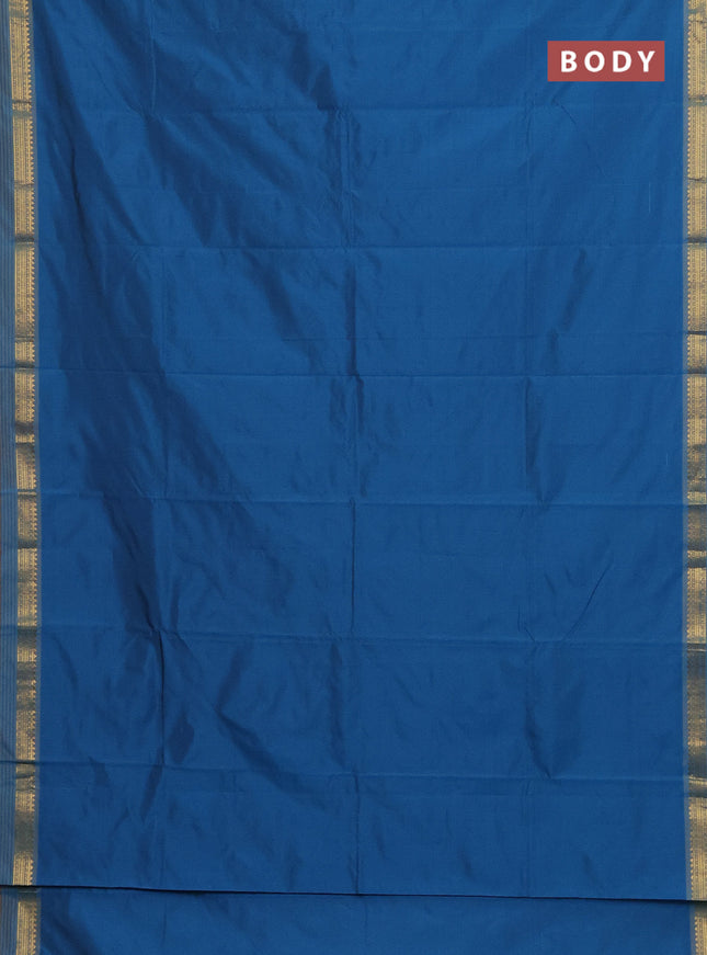 Arani semi silk saree peacock blue and dark mustard with plain body and zari woven simple border