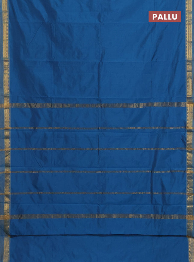 Arani semi silk saree peacock blue and dark mustard with plain body and zari woven simple border