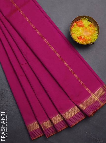 Arani semi silk saree magenta pink and dark mustard with plain body and zari woven simple border