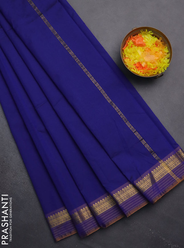 Arani semi silk saree blue and dark mustard with plain body and zari woven simple border