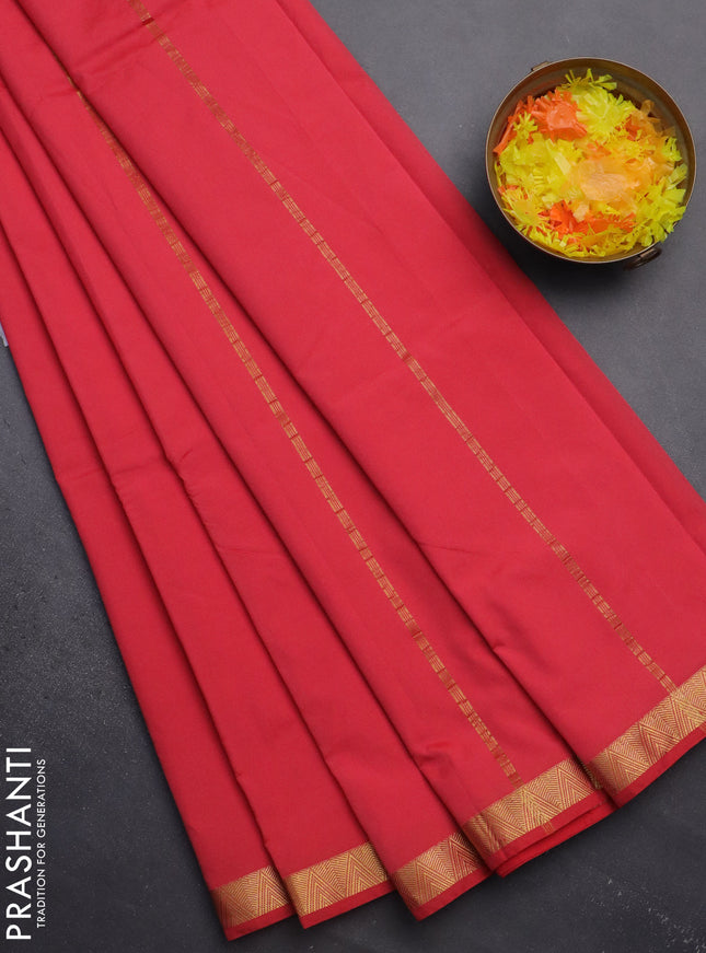 Arani semi silk saree peach pink with plain body and zari woven border