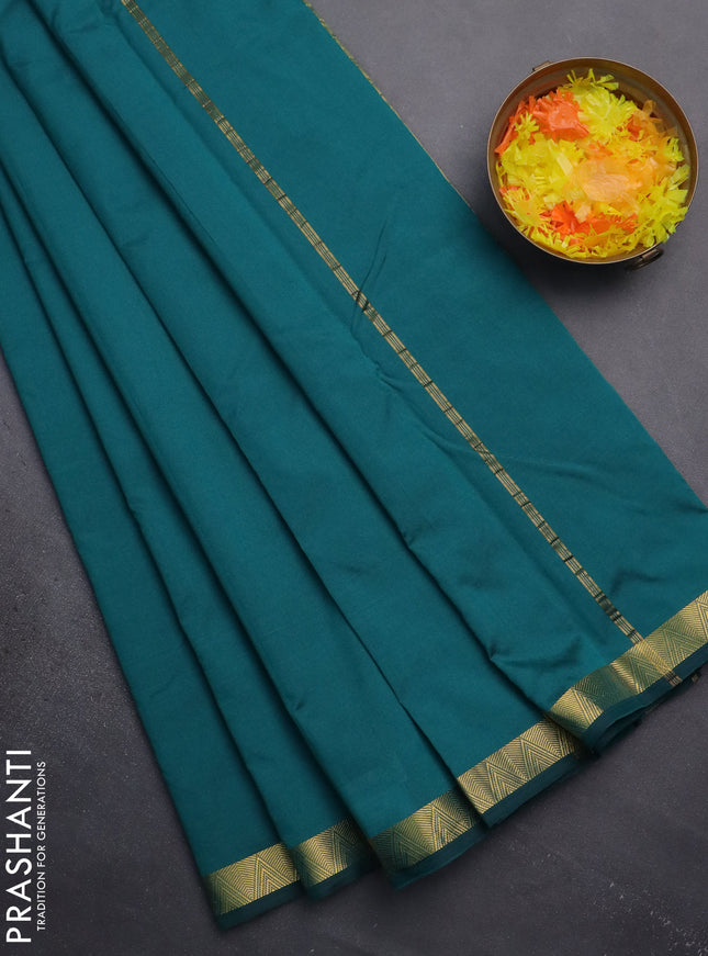 Arani semi silk saree peacock green with plain body and zari woven border
