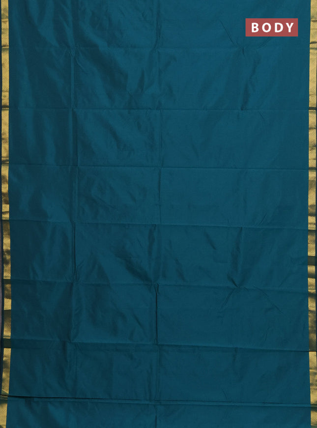 Arani semi silk saree peacock green with plain body and zari woven border