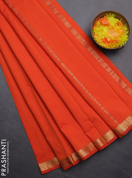 Arani semi silk saree orange with plain body and zari woven border