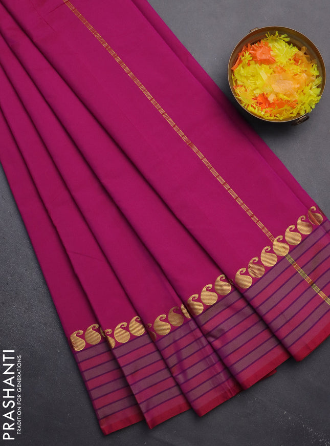 Arani semi silk saree purple and light green with plain body and paisley zari woven simple border