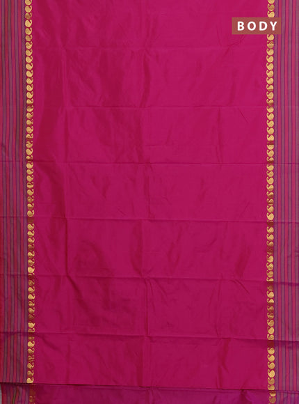 Arani semi silk saree purple and light green with plain body and paisley zari woven simple border