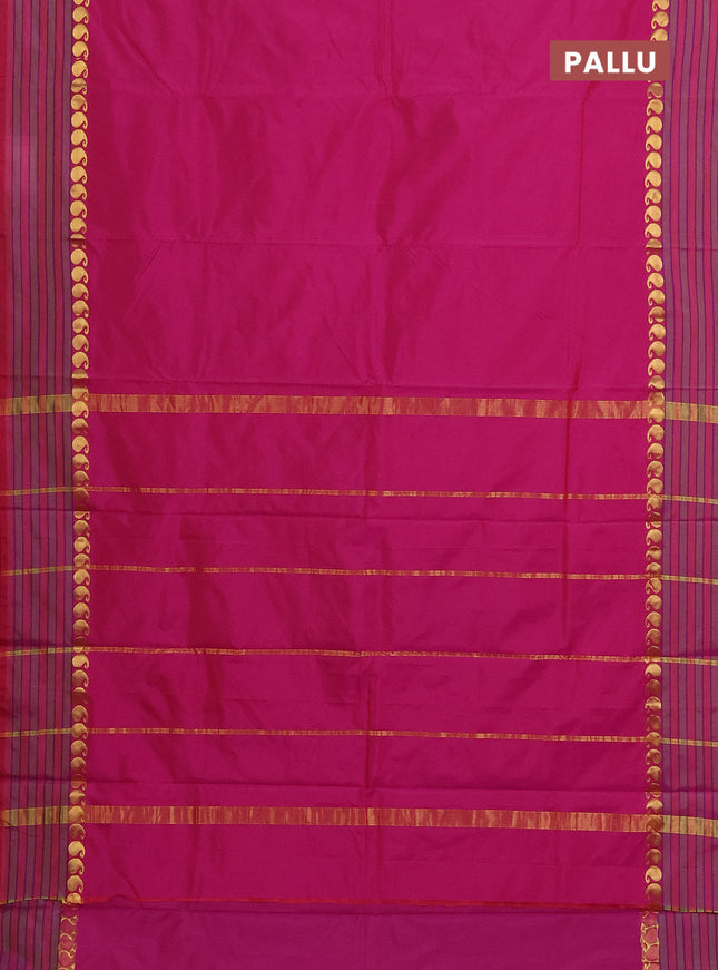 Arani semi silk saree purple and light green with plain body and paisley zari woven simple border