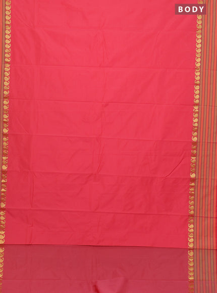 Arani semi silk saree peach shade and light green with plain body and paisley zari woven simple border