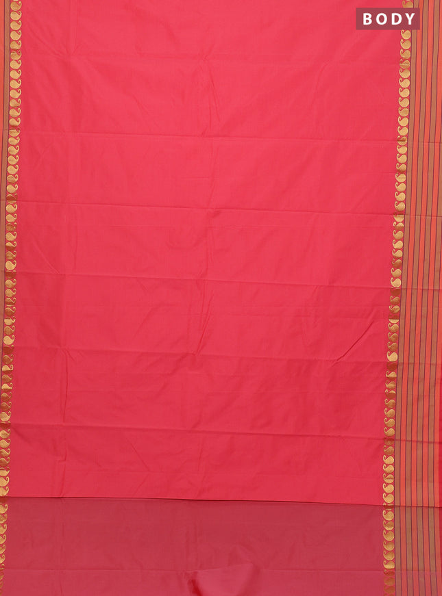 Arani semi silk saree peach shade and light green with plain body and paisley zari woven simple border