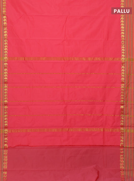 Arani semi silk saree peach shade and light green with plain body and paisley zari woven simple border