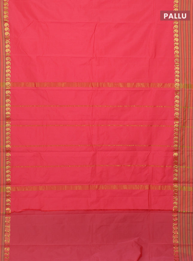 Arani semi silk saree peach shade and light green with plain body and paisley zari woven simple border