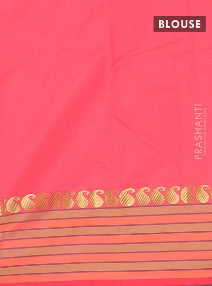 Arani semi silk saree peach shade and light green with plain body and paisley zari woven simple border