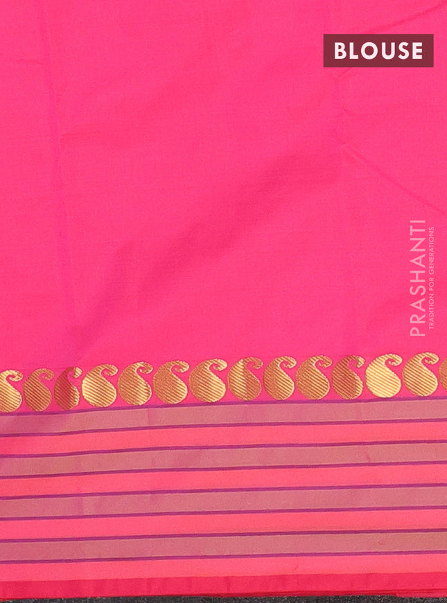 Arani semi silk saree candy pink and light green shade with plain body and paisley zari woven simple border