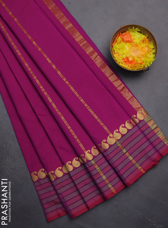 Arani semi silk saree dual shade of purple and green shade with plain body and paisley zari woven simple border