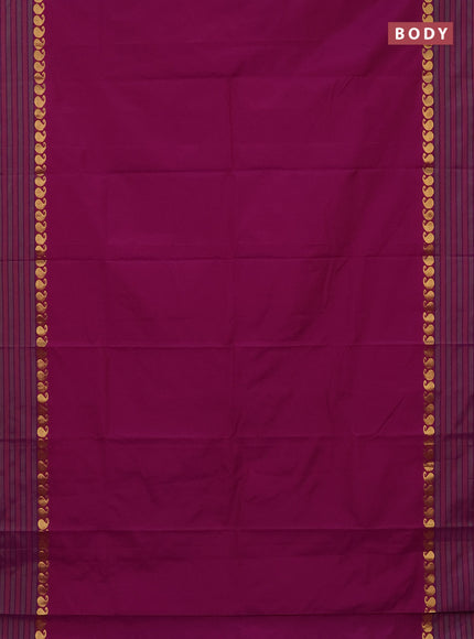 Arani semi silk saree dual shade of purple and green shade with plain body and paisley zari woven simple border