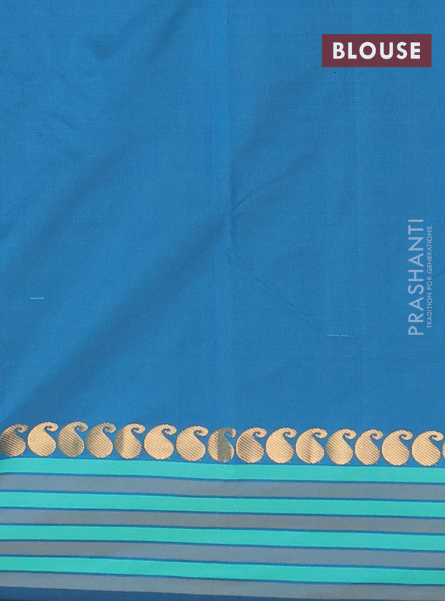 Arani semi silk saree peacock blue and teal green with plain body and paisley zari woven simple border