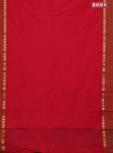 Arani semi silk saree red and light green with plain body and paisley zari woven simple border
